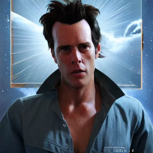 Image similar to hyperrealistic film still of ace ventura hiding in space, stunning 3 d render, inspired by istvan sandorfi & greg rutkowski & unreal engine, perfect facial symmetry, dim volumetric cinematic lighting, 8 k octane comprehensive render, extremely hyper - detailed, incredibly lifelike attributes, intricate, real flesh texture, masterpiece, artstation, stunning,