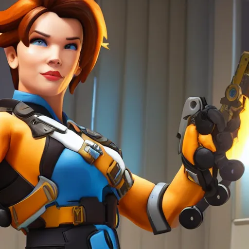 Image similar to a screenshot of arnold schwarzenegger as tracer in overwatch, full body shot