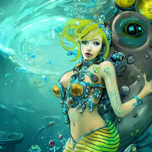 Prompt: highly detailed portrait of a metallic futuristic mermaid under the sea by Akihiko Yoshida, Greg Tocchini, 4k resolution, hearthstone inspired, sea green, yellow, blue, white, coral and black color scheme with graffiti