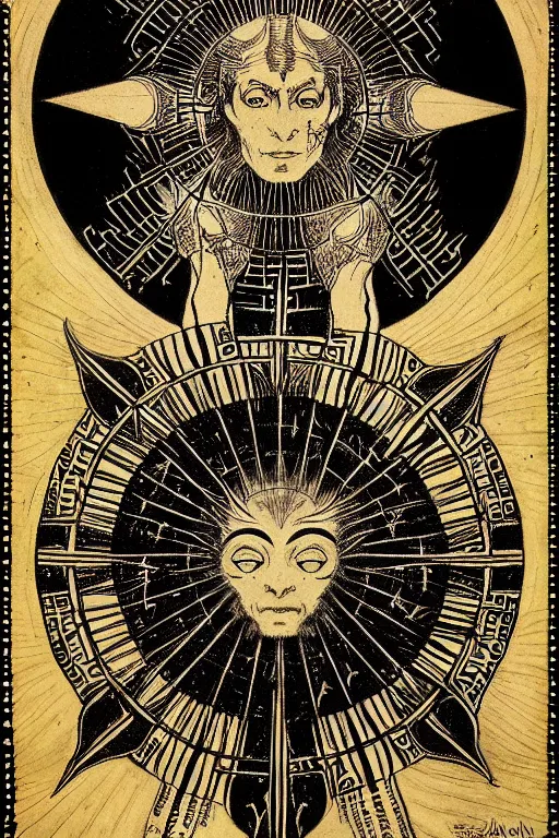 Image similar to occult diagram of the black sun, in the style of gustav moreau, goward, wayne barlowe,  Gaston Bussiere and roberto ferri, composition by austin osman spare