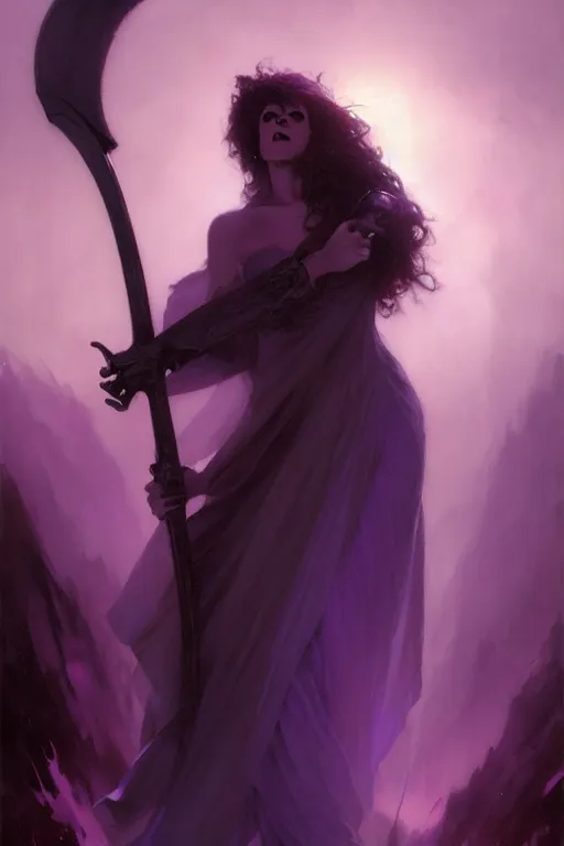 Prompt: grim reaper in a flowing dress, purple hair, holding a scythe, funeral, backlit, godrays, portrait dnd, painting by gaston bussiere, craig mullins, greg rutkowski, yoji shinkawa