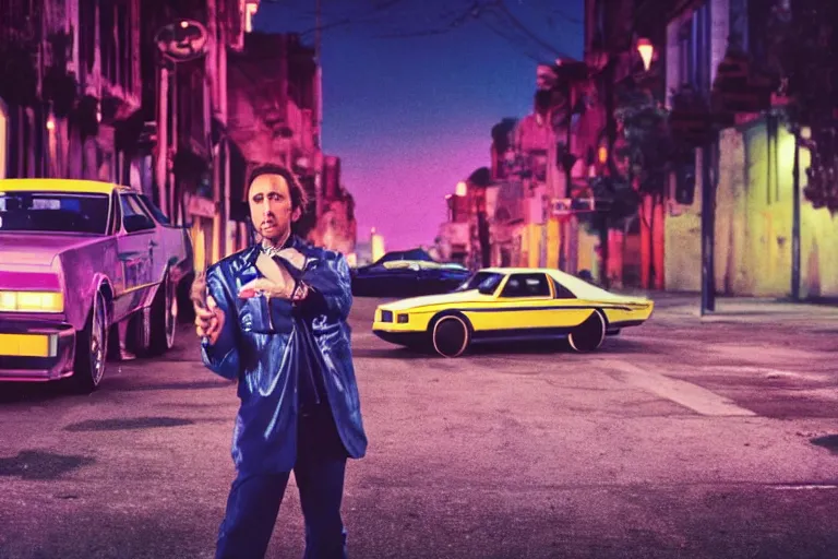 Image similar to 80s dressed Nicolas Cage posing and in the background there two 80s sports cars parked on a deserted city street at night time, purple lighted street, wide angle, cinematic, retro-wave vibes, grainy, soft motion blur
