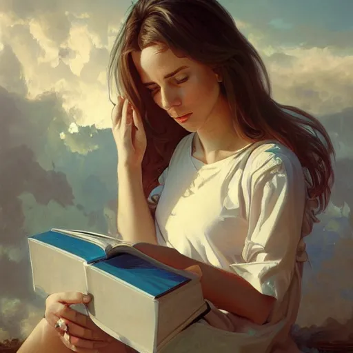 Image similar to hyperrealistic oil painting of a girl reading a book, realistic shaded perfect face, extremely fine details, realistic shaded lighting, stormy background, artgerm, 8 k ultra realistic, highly detailed, art by christopher balaskas, alphonse mucha, craig mullins, alena aenami, ultra detailed