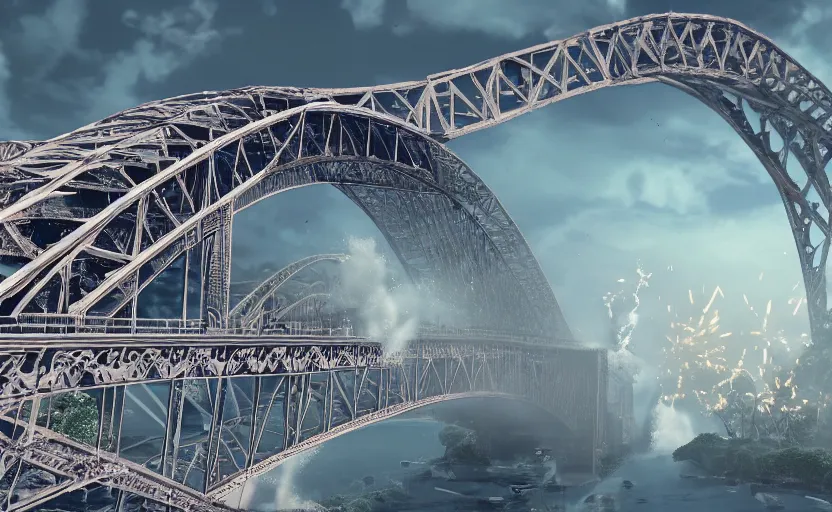 Image similar to huge xplosions in the form of white cotton plants destroy big harbour bridge, 3 d octane render, epic lighting, 8 k, by goro fujita