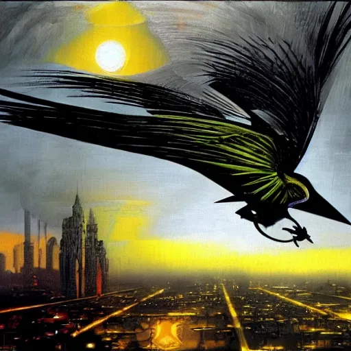 Image similar to a mechanical bird flies over a progressively rasterized digital neon city, oil on canvas by dave mckean and ivan shishkin