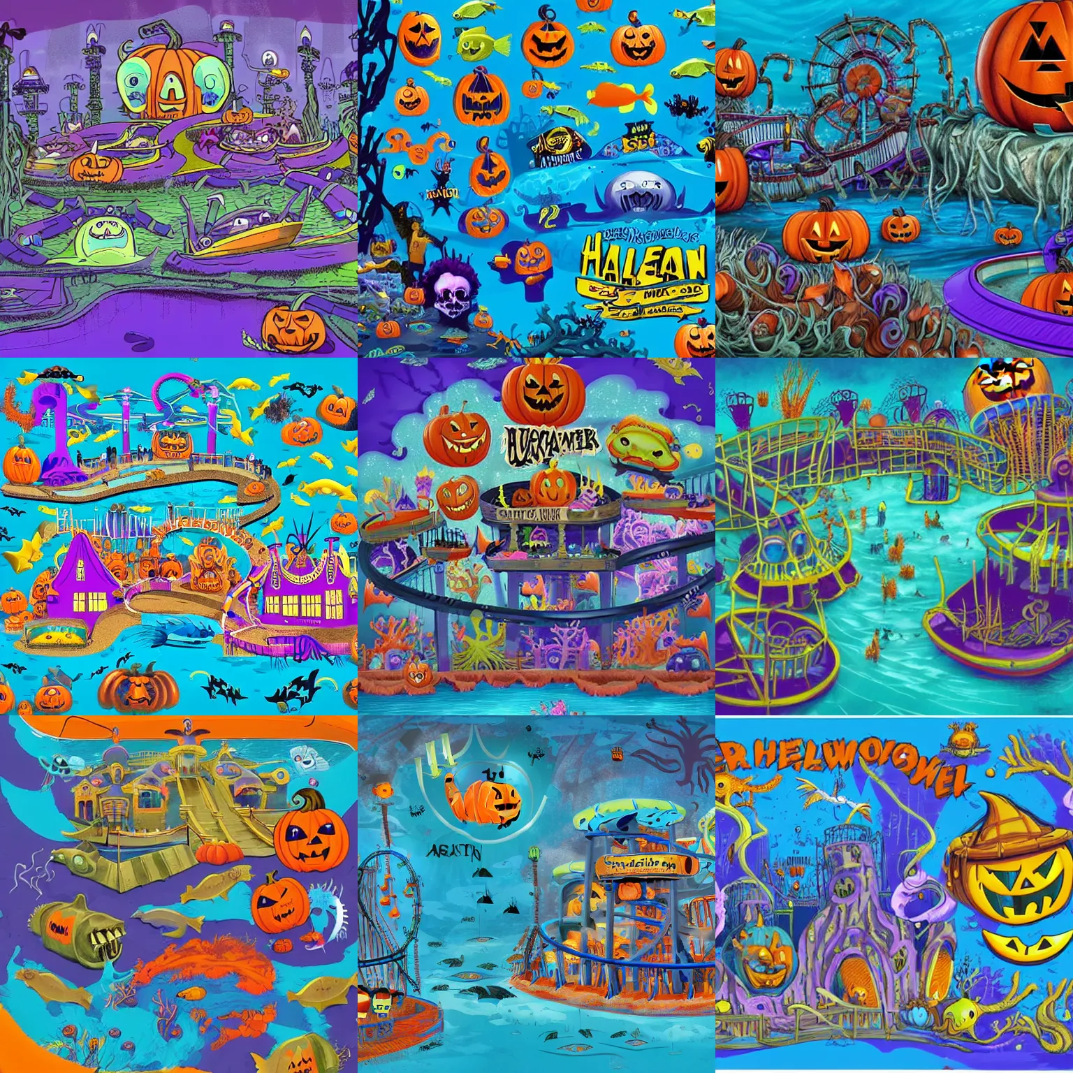 Prompt: a horror based underwater suburb based on an underwater amusement park that incorporates halloween and ocean elements in its design imagery, halloween decorations, atlantis, amusement park, spooky, amusement park attractions, deep sea, horror themed, fun, colorful, in the style of stephen silver and genndy tartakovsky