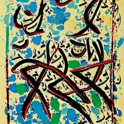 Prompt: Arabic calligraphy, Moroccan tea set, painting by jackson pollock