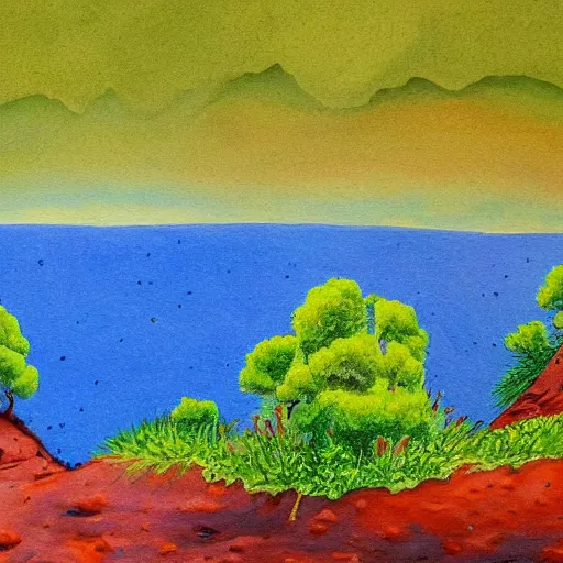 Image similar to painting of a lush natural scene on an alien planet by april m. rimpo. beautiful landscape. weird vegetation. cliffs and water.