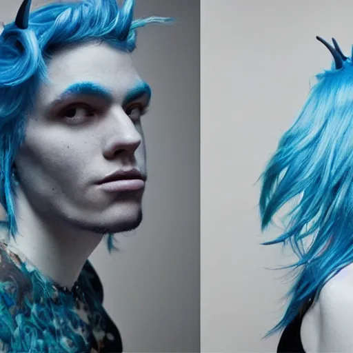 Prompt: a sexy man with blue hair and horns looking in the distance, Jonathan Zawada