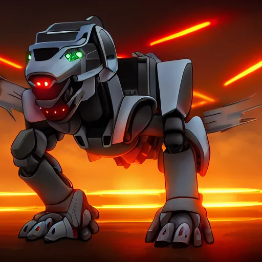 Image similar to highly detailed cinematic shot of a mecha canine, sharp claws, glowing visor, charging through city, digital art, furry art, furaffinity, deviantart, dragon art