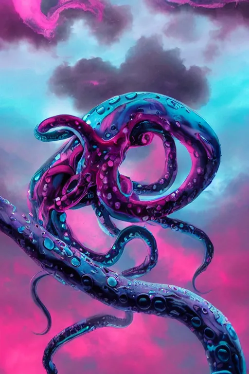 Prompt: pink and blue ooze monster with black eyes and reflective liquid, tentacles, imaginary concept villian. beautiful lighting, misty cloudy atmosphere