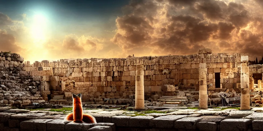 Image similar to a adorable small fox in the huge ruins of the second temple in jerusalem in the distance. the third temple hovers quietly hiding in the dreamy clouds above. a hooded bearded old man in a brown tunic laughing, colorful 8 k, art station, intricate superb details, digital art, illusion painting hidden temple.