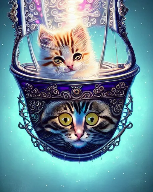 Prompt: cute kitten inside an ornate sail boat of iridescent liquid, alchemy, shiny plastic, intricate, bloom, detailed, volumetric lighting, sharp focus, photorealism, digital painting, highly detailed, concept art, by by artgerm and wlop