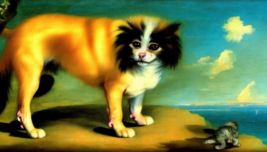 Image similar to a tropical dog dog kitten dog in the style of francisco goya, 4 k resolution, tropical background, tropical