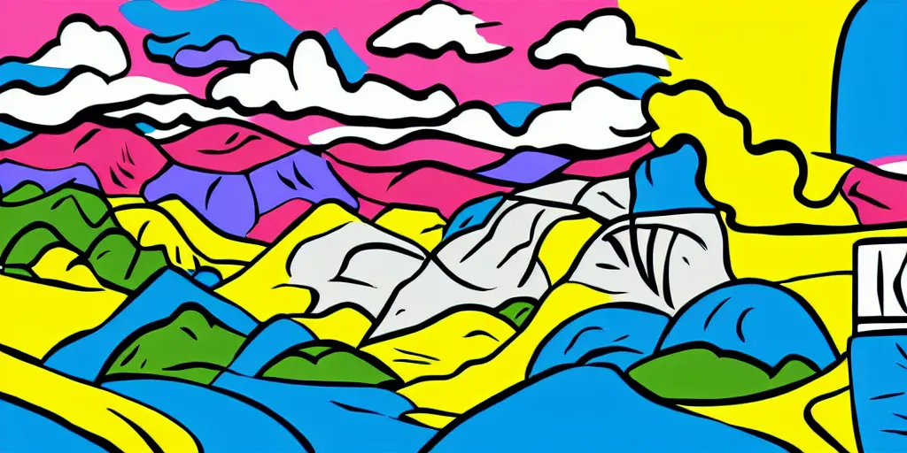 Prompt: pop art landscape illustration in the style of roy lichtenstein