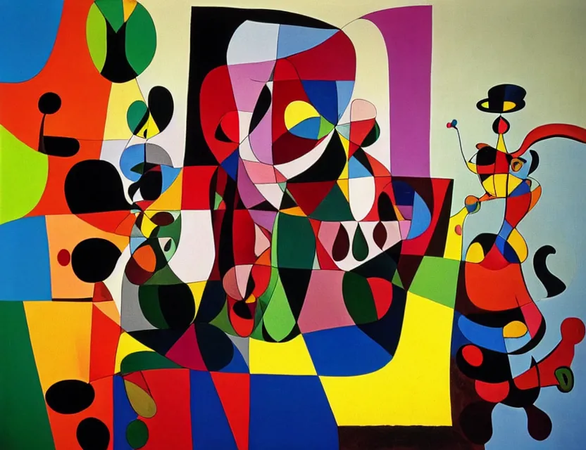 Prompt: a colorful installation sculpture artwork of a old and strange dusty professor in black suite and hat and a old woman making a study of drinking 1 0 cups of black coffee in 5 seconds in a kitchen that is melting, styled by joan miro and niki de saint phalle