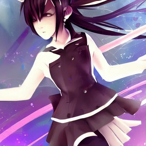 Image similar to luxury advertisement, astonishing artwork of a very beautiful dancing anime schoolgirl with black bob hair in style of cytus and deemo, full perfect face, she is dancing, set in Half-life. Realistic, highly detailed background, Pixiv, 120 degree view, drawn by Sasoura, Satchely and Akihiko Yoshida, no distortion