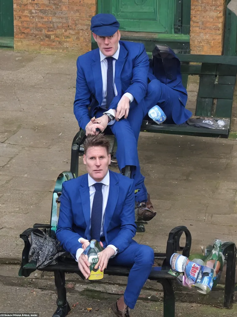 Image similar to Sir Kier Starmer in a blue suit wearing a flat cap on his head sitting on a bench alone holding a large plastic green bottle of cider, at his feet are empty cans and bottles