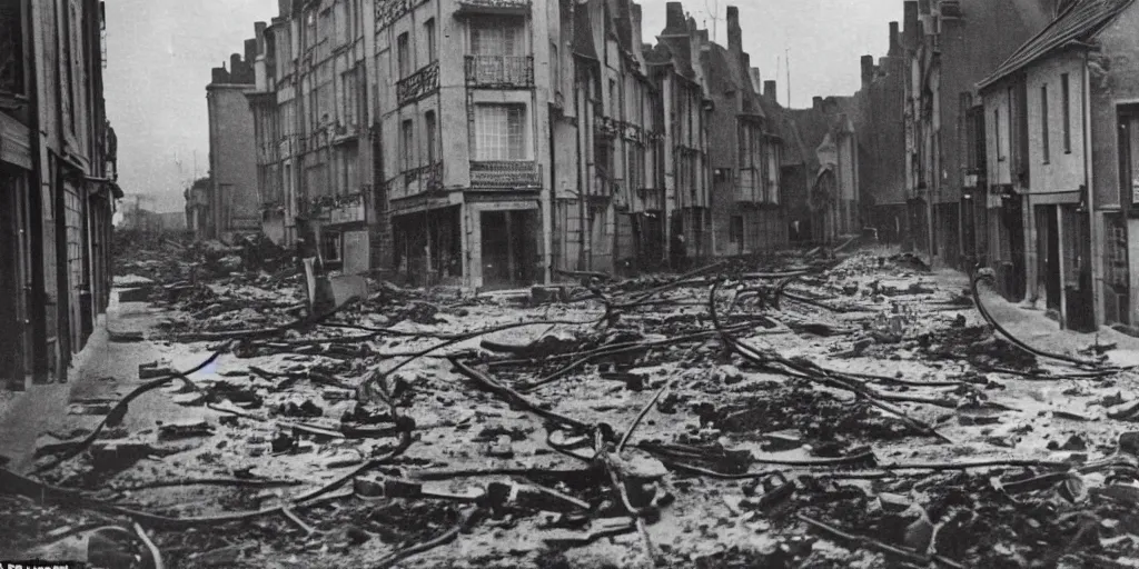 Image similar to a photo of a street of saint - malo en fire after a bombing at night in 1 9 4 5