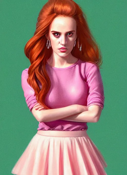 Image similar to full body portrait of teenage cheryl blossom, bangs, green eyes, sultry expression, red hair, sultry smirk, bangs and wavy hair, pink skirt, intricate, elegant, glowing lights, highly detailed, digital painting, artstation, concept art, smooth, sharp focus, illustration, art by wlop, mars ravelo and greg rutkowski