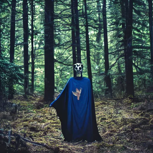 Prompt: professional photograph of tall creature with wolf skull wearing a full body dark blue blanket in the middle of the forest