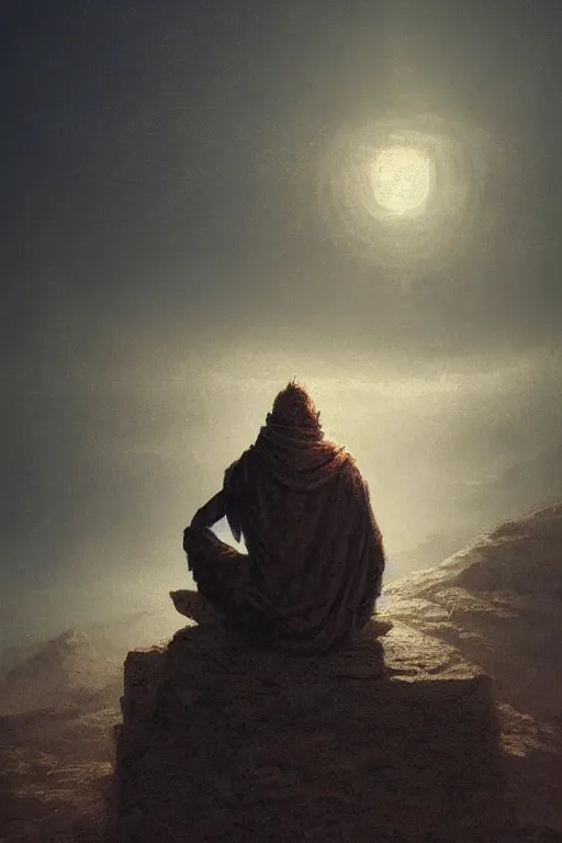 Image similar to lonely wanderer sitting at lap praying in desert, lit by the light of gods, abandoned by gods, hyperdetailed artstation cgsociety by greg rutkowski and by Gustave Dore