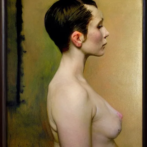 Image similar to A stunning masterful portrait of a striking cryptopunk woman with short pink hair and high cheek bones by Andrew Wyeth, John Singer Sargent, and Norman Rockwell, natural light, oil painting, ethereal, earth tones, strong brushwork