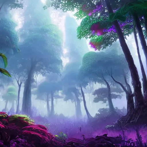 Prompt: concept art painting of a mystical alien fantasy forest, with fog and strange colorful plants, realistic, detailed, cel shaded, magenta and blue and green, in the style of makoto shinkai and greg rutkowski and james gurney