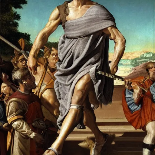 Image similar to Jerma985 in Ancient Rome, detailed, highly detailed, heroic, epic, complex, very detailed, realistic, HD quality, 8k resolution, body and headshot, Oil Painting, Italian Renaissance Painting of Jerma985, Italian Renaissance Painting Style, Renaissance Painting Style, Painting, Trending on Artstation