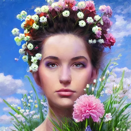 Image similar to a portrait of a romantic woman with flowers grow out of hair, roses peonies forget-me-nots dahlias lupins gladioli, sky theme in background, by Alexandr Averin, Digital Art, Trending on artstation