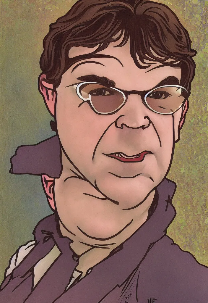 Image similar to yann lecun impersonated as shrek, in art style by alphonse mucha