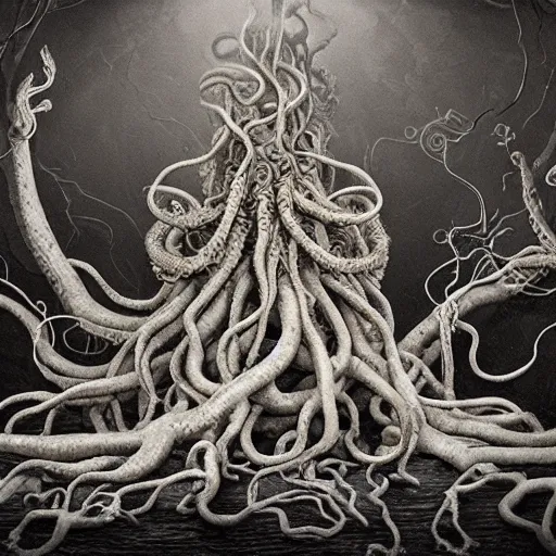 Prompt: still life of the giant ancient Cthulhu rising from the depths, surreal alien ribbed fruit flowers, white human spine, covered with tentacles, roots, wires, tubes, baroque painting, swimming upwards from the ocean depths filled with tiny corpses, creepy, nightmare, dream-like heavy atmosphere, surreal underwater statues, baroque painting, beautiful detailed intricate insanely detailed octane render trending on Artstation, 8K artistic photography, photorealistic, chiaroscuro, Raphael, Caravaggio, Beksinski, Giger