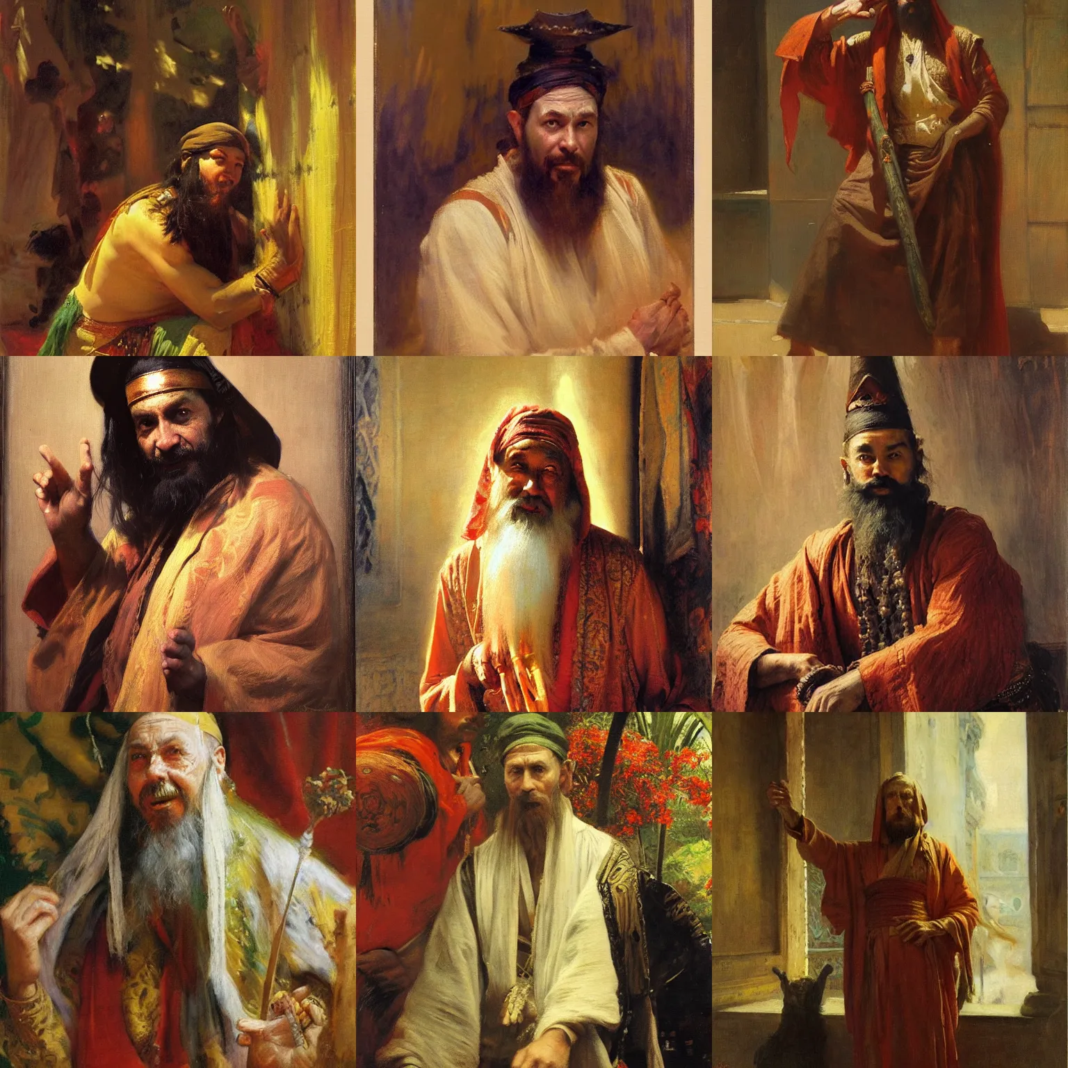 Prompt: orientalism painting of a wizard with crazy eyes by theodore ralli and nasreddine dinet and anders zorn and nikolay makovsky and edwin longsden long, oil on canvas, masterful intricate artwork, excellent lighting, high detail 8 k