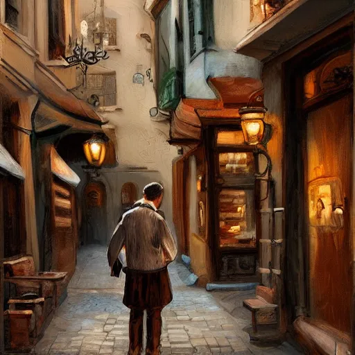 Prompt: two men talking, old café, belgrade bohemian street, old town, intricate, elegant, highly detailed, digital painting, artstation, concept art, matte sharp focus, illustration