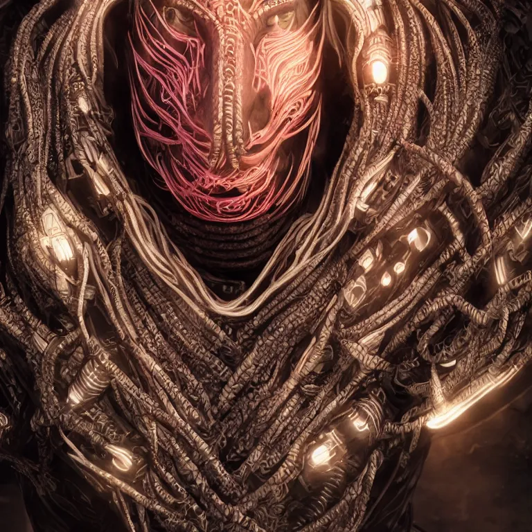 Image similar to surreal spinal ribbed tribal exotic organic face portrait of a cyberpunk fighter, beautiful detailed intricate insanely detailed 3D render digital art, octane render, 8K artistic photography, photorealistic, neon lights