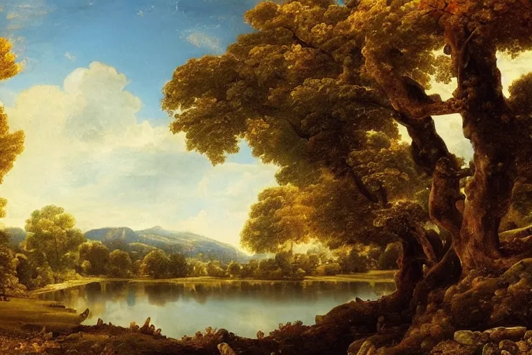 Image similar to beautiful landscape with river and oak trees, mythology, fantasy, landscape background, vivid colors, digital painting, very detailed, realistic, high quality, by claude lorrain