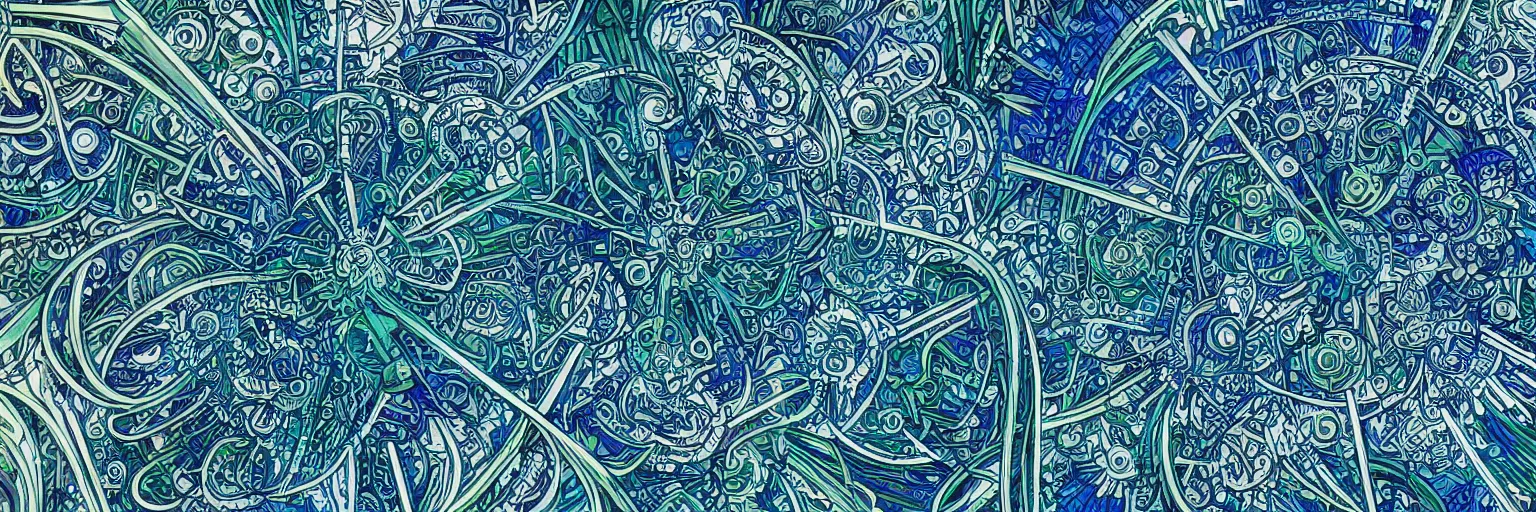 Prompt: shades of blue and green forming art nouveau explosions, white lining, vivid colors, intricate, ornate, circuitry, gears, sparkle, extremely hyperdetailed line art, sharp focus