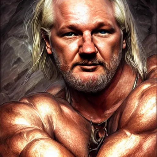 Prompt: portrait of a barbarian Julian Assange, muscular, wild, upper body, D&D, fantasy, intricate, cinematic lighting, highly detailed, digital painting, artstation, concept art, smooth, sharp focus, illustration, art by Hajime Sorayama