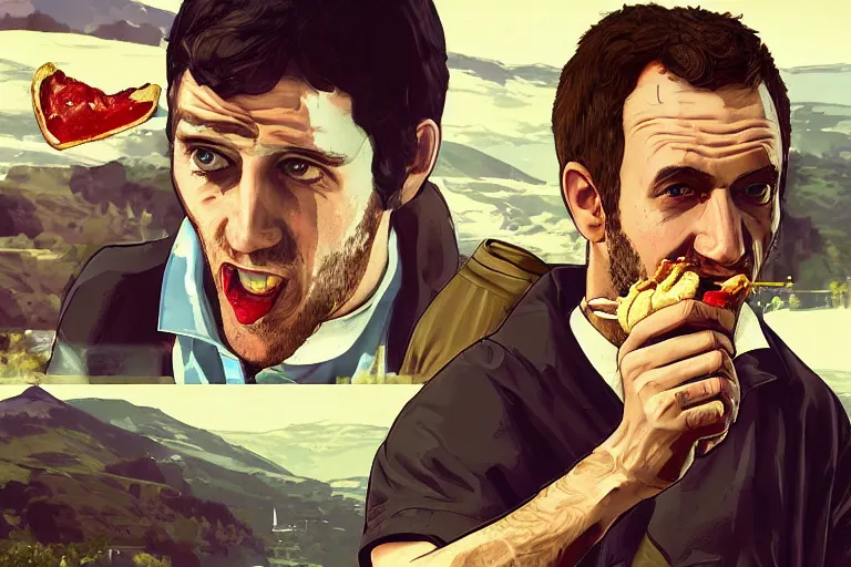 Prompt: a scottish scotland guy eating edible in scotland gta 5 loading screen art, trending on artstation