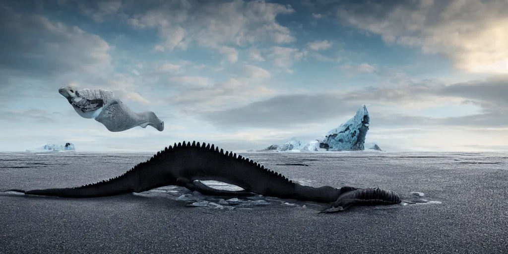 Image similar to of a plesiosaur skeleton on jokulsarlon beach, octane render, cinematic, wide angle, dramatic lighting, hyperrealistic, frozen ocean, black sand