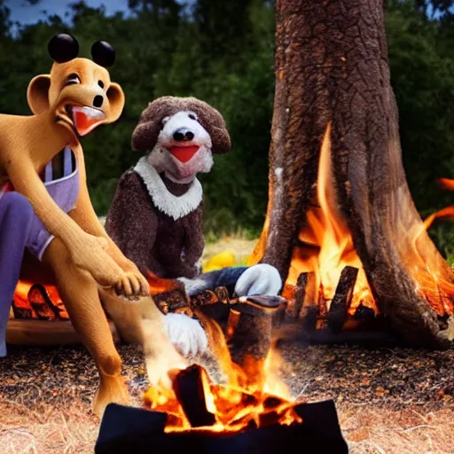 Image similar to animals sit around the fire and fried chicken in disney styles