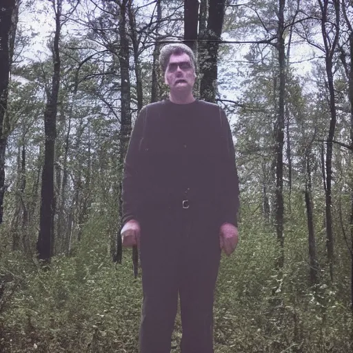 Prompt: tall creepy man on the woods, found footage