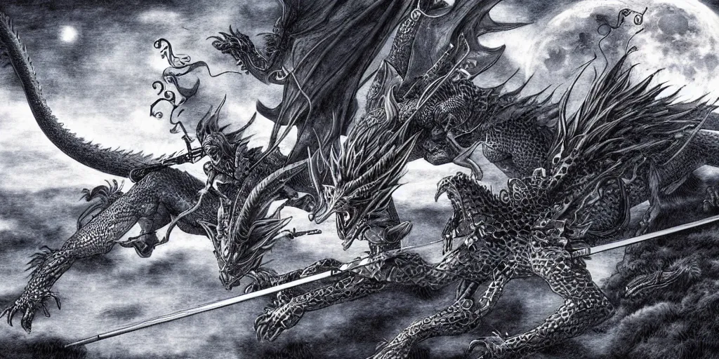 Image similar to korean archer shooting a dragon. the moon is in the sky. there is a river. dark fantasy. high resolution. detailed. digital art. kentaro miura.