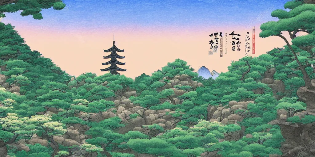 Image similar to japanese landscape with pagoda, trees and rocks, detailed, in the style of studio ghibli