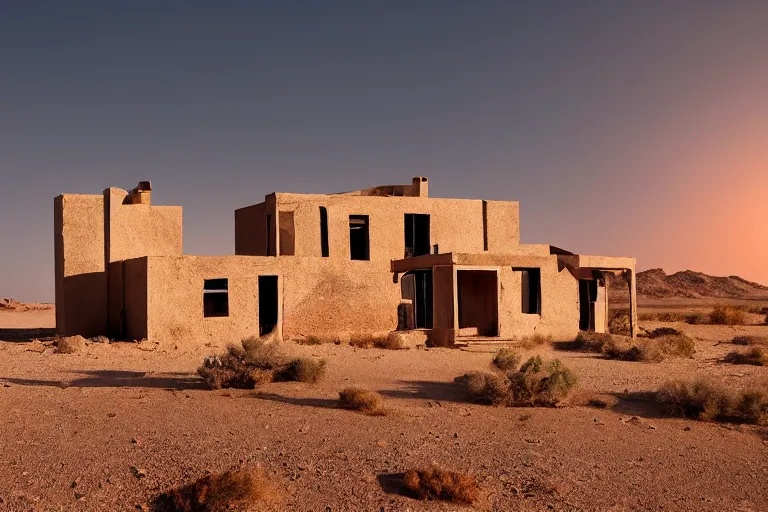 Image similar to desolate house in the middle of the desert, golden hour, dramatic, desolate, award winning