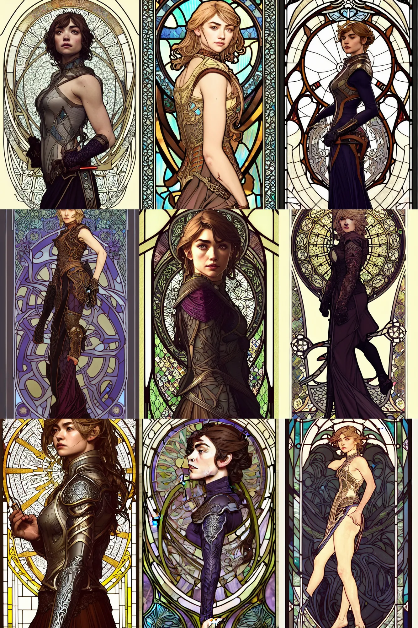 Prompt: full - body side profile portrait, imogen poots paladin, by artgerm, cushart krenz, greg rutkowski. art nouveau neo - gothic stained glass by mucha. elder scrolls. swirly intricate glass linework background. gaudy colors, sharp edges. ultra clear detailed. 8 k. elegant. octane render