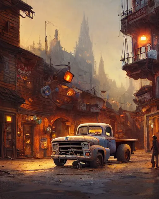 Image similar to old truck fallen apart in a street of a robust fantasy village, people gathered to watch, calming, uplifting mood, ultra realistic, factory, funny, small buildings, highly detailed, epic lighting, illuminated, cinematic, morning, art by eddie mendoza