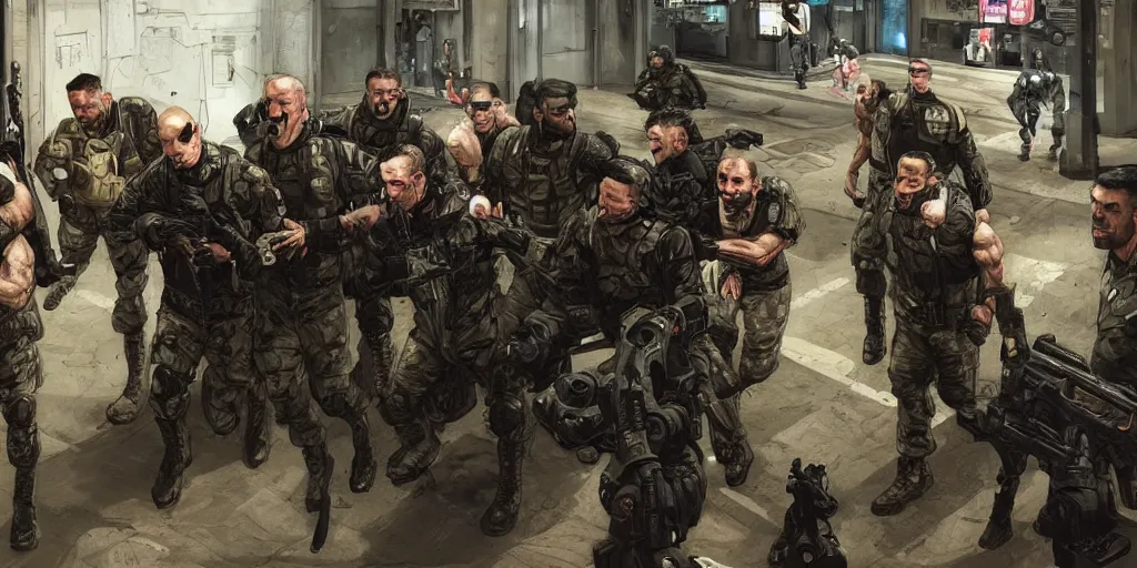 Image similar to strong muscular men soldiers arresting Joe Biden, Joe Biden standing handcuffed in custody, cyberpunk seal team 6 USA in military uniforms and armed, wearing military stealthsuit (cyberpunk 2077, bladerunner 2049, splinter cell, blackops). Angry handsome faces yelling, portrait by john william waterhouse and Edwin Longsden Long and Theodore Ralli and Nasreddine Dinet, oil on canvas. Cinematic, hyper realism, realistic proportions, dramatic lighting, high detail 4k
