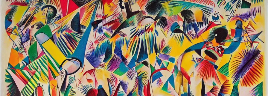 Image similar to party in jungles, girls with a slim figure in carnival skirts and guys in polygonal print shorts dance to the sound of ethnic drums, author zima blue, very elongated lines, wasily kandinsky, malevich, dramatic pop art, color splashes, grain