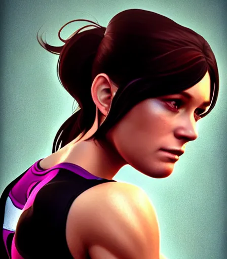 Image similar to beautiful portrait of a gorgeous personal trainer who looks like Miranda Lawson , character design by charlie bowater, ross tran, artgerm, and makoto shinkai, detailed, soft lighting, rendered in octane